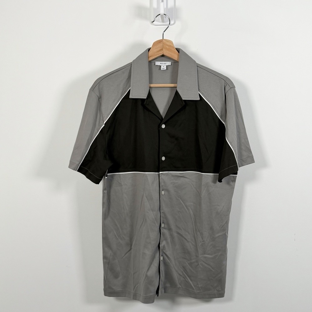REISS Gino Mercerised Colorblock Button Up Cuban Shirt Mens Medium Sage Green